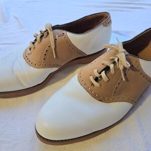 Footjoy Greenjoys Men's Tan & White Saddle Oxford Golf Shoes Size 12M EUC
